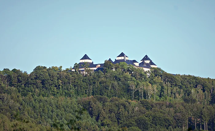 Schloss über dem Wald im Abendlicht